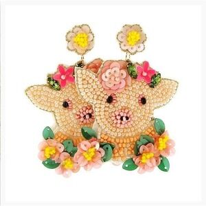 Pink Pig Piglet Seed Beaded Earrings with Pink and Yellow Flowers Earrings